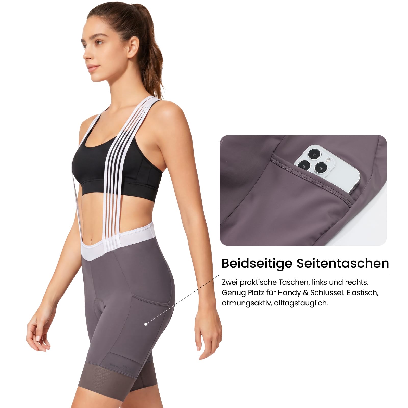 Santic Cuissard à bretelles pour femme - Rembourré - Haute élasticité - Poche latérale en maille