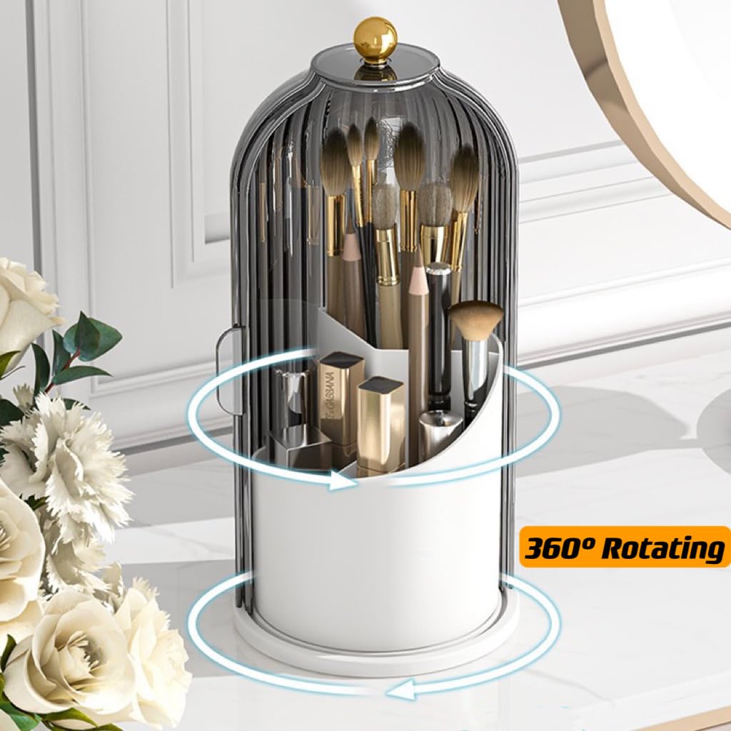 Organizador de brochas de maquillaje con tapa [a prueba de polvo e impermeable] 360 Rotativo Transparente Brochas de Maquillaje Organizador para Tocador Escritorio Baño Encimera