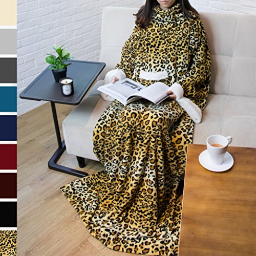 PAVILIA Deluxe Fleece Blanket with Sleeves for Adult, Men, and Women| Elegant, Cozy