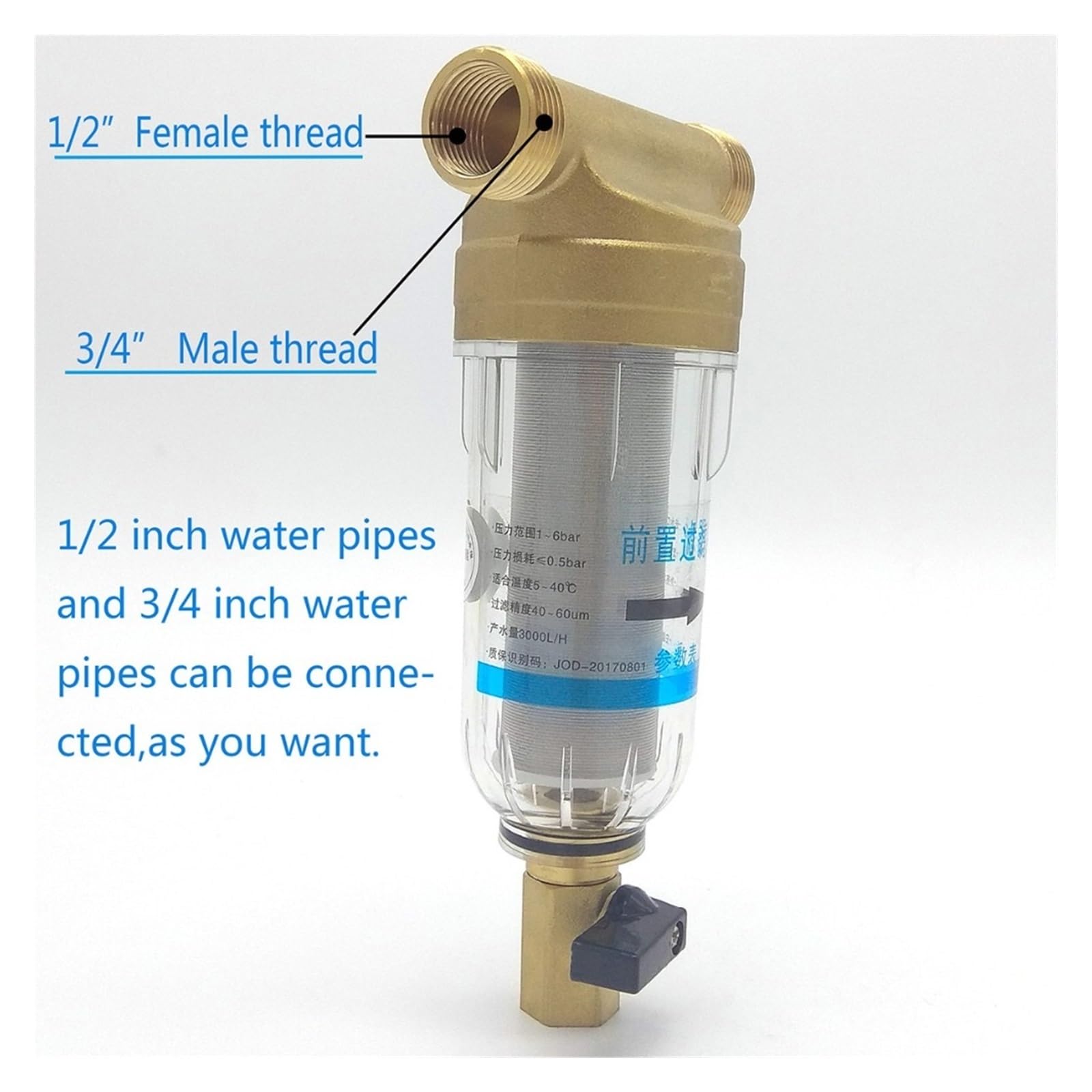 Sistema de filtrado de agua, Filtro de agua prefiltrante, primer paso del purificador de agua, prefiltro de malla de acero inoxidable de 40 micras, prefiltro for toda la casa de 3/4"