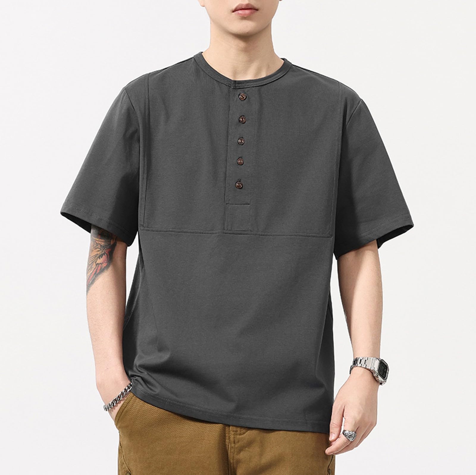 Henley, maglietta da uomo con bottoni, con collo Henley, leggera, traspirante, sottile, maglietta casual estiva a maniche corte