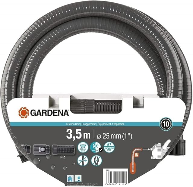 Gardena armatura ssąca 3,5 m: wytrzymały wąż ssący do podłączenia do pompy ogrodowej, z filtrem ssącym i zaworem zwrotnym, średnica 25 mm (1411-20)