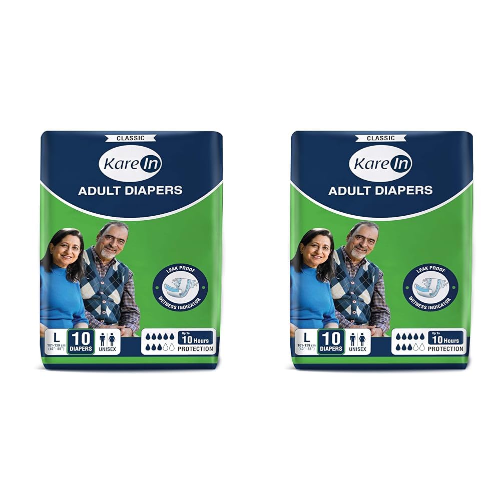 KareIn Classic Adult Diapers, Large, Waist Size 101-139 Cm (40"-55"), 10 Count, Tape Style, Unisex, High Absorbency, Leak Proof, Wetness Indicator (Pack of 2)-image-18