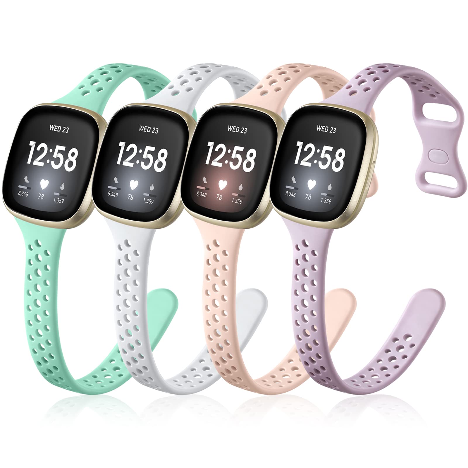 Laffav Compatible with Fitbit Sense Bands/Fitbit Versa 3 4 Bands for Women Men, 4 Pack Durable Soft Silicone Replacement Wristband Slim Sport Strap Wrist Band, Small Large