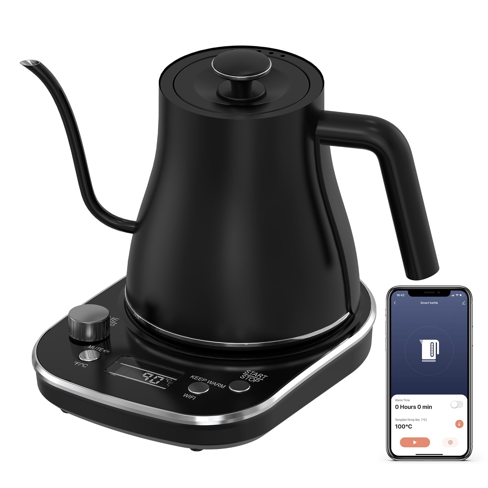 Gooseneck Electric Kettle, WiFi Smart Electric Kettle Temperature Control, Pour Over Kettle and Tea Kettle, TUYA App Control, 1200W Quick Heating, 100% Stainless Steel, 0.8L, Matte Black