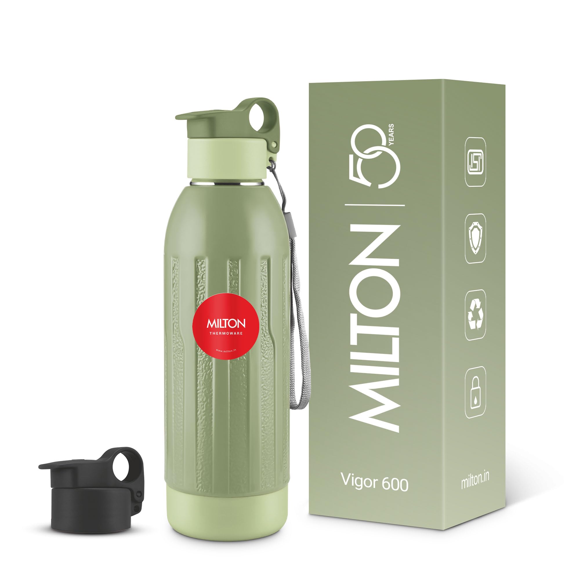 Milton Steel Vigor 600 Thermoware PU Insulated, Two Leak Proof Lid, Water Bottle, for Office, Gym, School, 520 ml, Military Green-picture-15