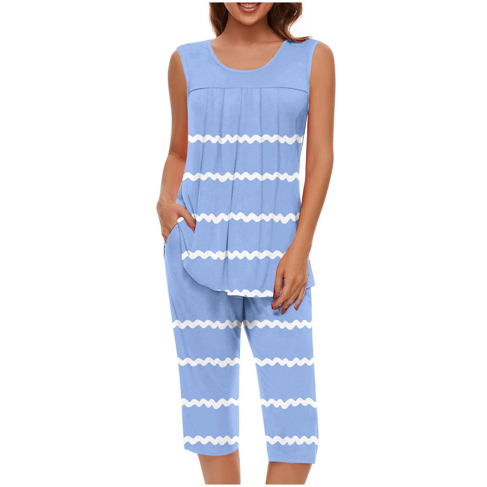 Pajama Sets for Women Summer Plus Size Lounge Sleepwear Loose Sleeveless Tops Printed Bermuda Shorts with Pockets — view 11