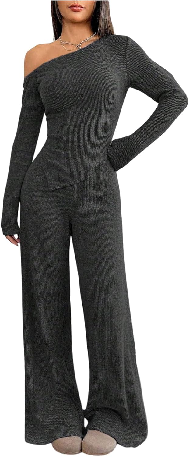 SweatyRocks Women's 2 Piece Outfits Off The Shoulder Long Sleeve Top and Wide Leg Pants Sets