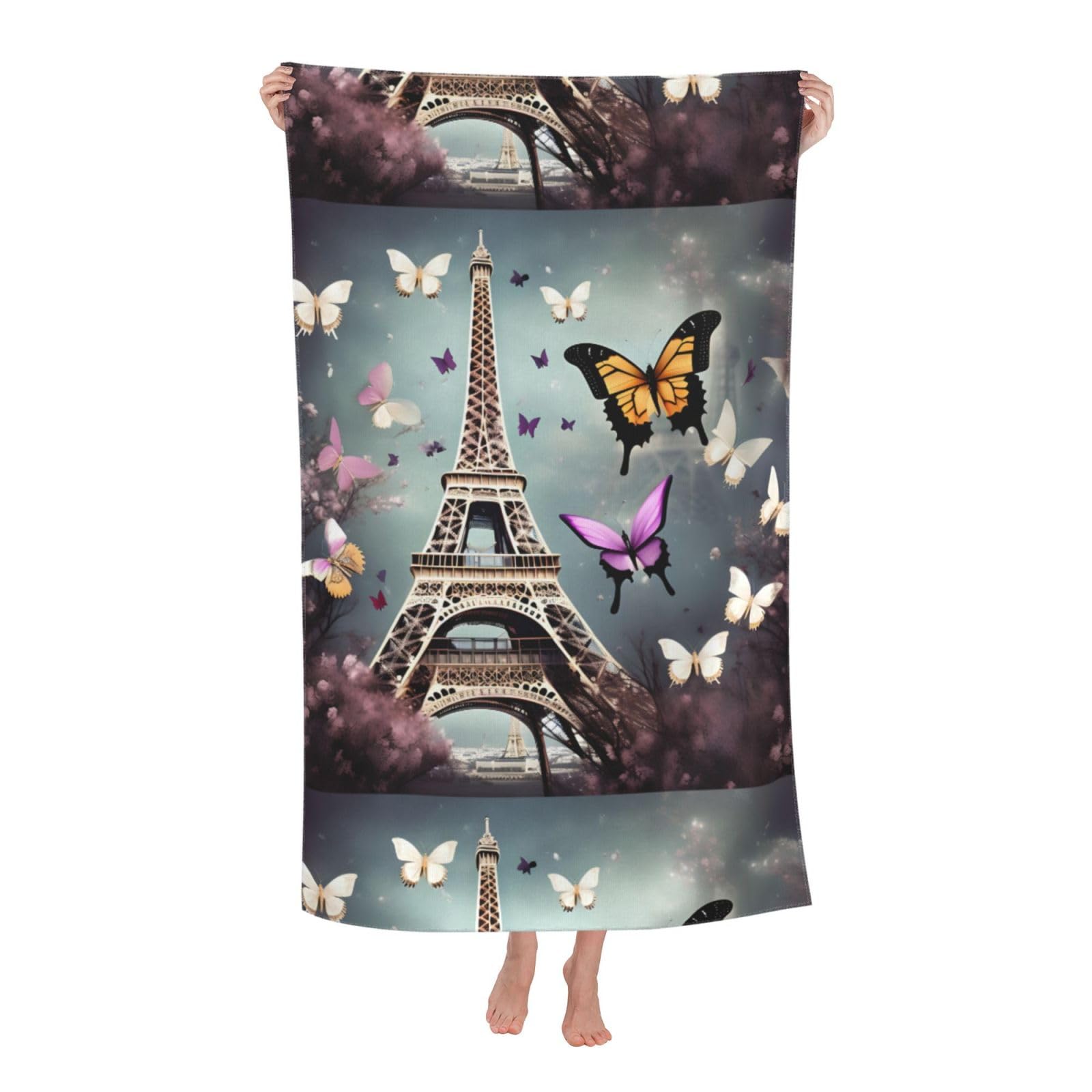 Cbaaghh Romantic Paris Butterfly Eiffel Print Adult Beach Towels,Beach & Pool Towel,Beach Towels,Towels For Camping