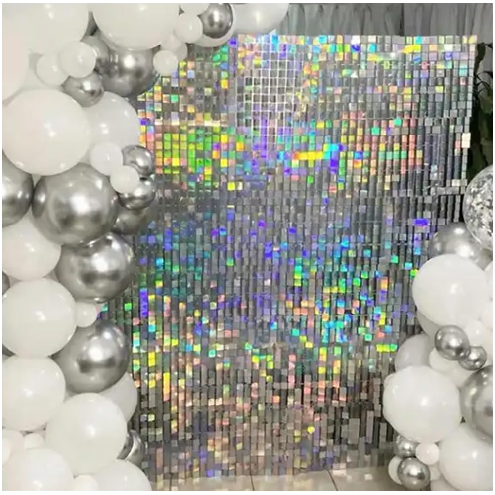 Maytopia Iridescent Silver Shimmer Wall Backdrop Sequin Wall Panels Photo Booth Props Wall Decoration Party Backdrop Decoration for Birthday Bridal Shower Wedding Anniversary Party
