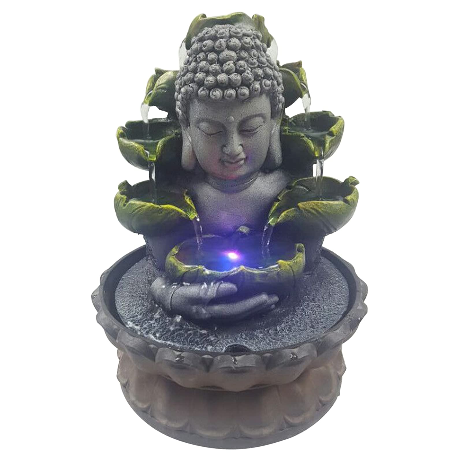Fuente de escritorio, fuente de interior Buda - decoración zen, agua fluye en 3 niveles con fuente de mesa lámpara de mesa LED RGB de 4 colores, para meditación y relajación 20,5 × 20,5 × 28 cm