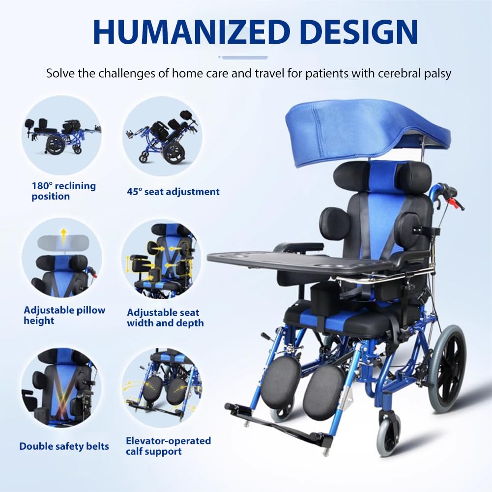 Sedia A Rotelle Mobile Per Paralisi Cerebrale,Sedia A Rotelle Da Trasporto Completamente Reclinabile in Lega Alluminio Medicale,Carrello Di Guida Ergonomico,Child+awning