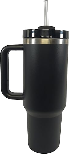 Vaso de 40 onzas con asa y pajita, acero inoxidable, doble capa, aislado al vacío, taza térmica perfecta para agua, té, café (negro)