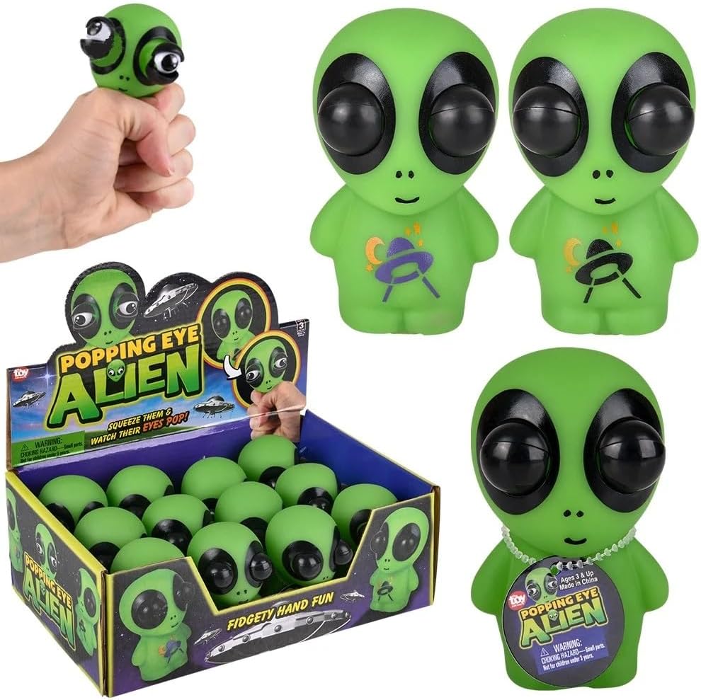 Popping Eye Green Aliens (3.33") (6 Pack) Squeezable Rubber Popping Eye Fidget Toy Great for Parties and Prizes (Eye Poppers, 6, Pack)