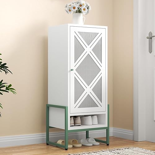 Armario de almacenamiento de zapatos de metal de 14.82 pulgadas de ancho x 42.51 pulgadas de alto para entrada con puertas y 3 estantes, moderno