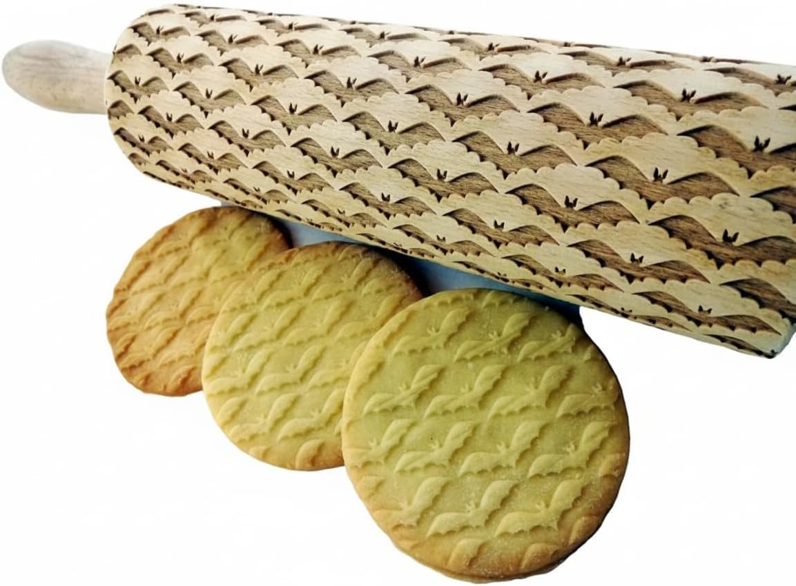 Rolling Pin SKULL. Embossing rolling pin with SKULL PATTERN Embossed skull cookies for HALLOWEEN. Wooden Laser Cut Rolling Pin for Halloween cookies, play dough, salt dough by Algis Crafts