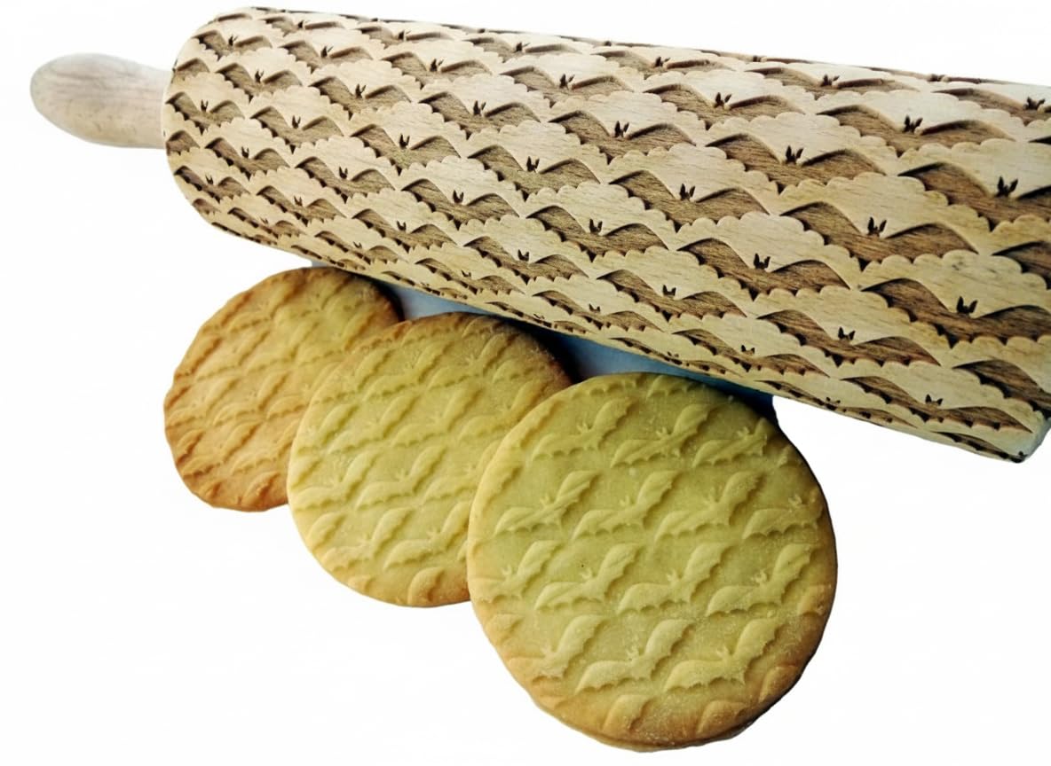 Embossing Rolling Pin BAT. Laser Engraved Dough Roller for Halloween Cookies and Pottery with Bats Pattern by Algis Crafts — image 1