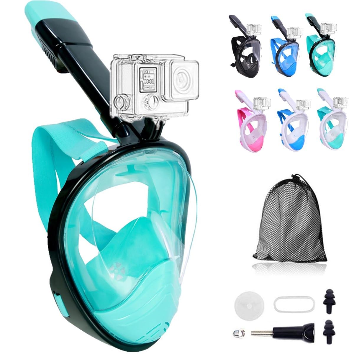 Wsobue Maschera Subacquea, Maschera da Snorkeling per Adulti,Visuale Panoramica 180° Design Pieno Facciale e Compatibile con Videocamere Sportive Maschera per Immersioni