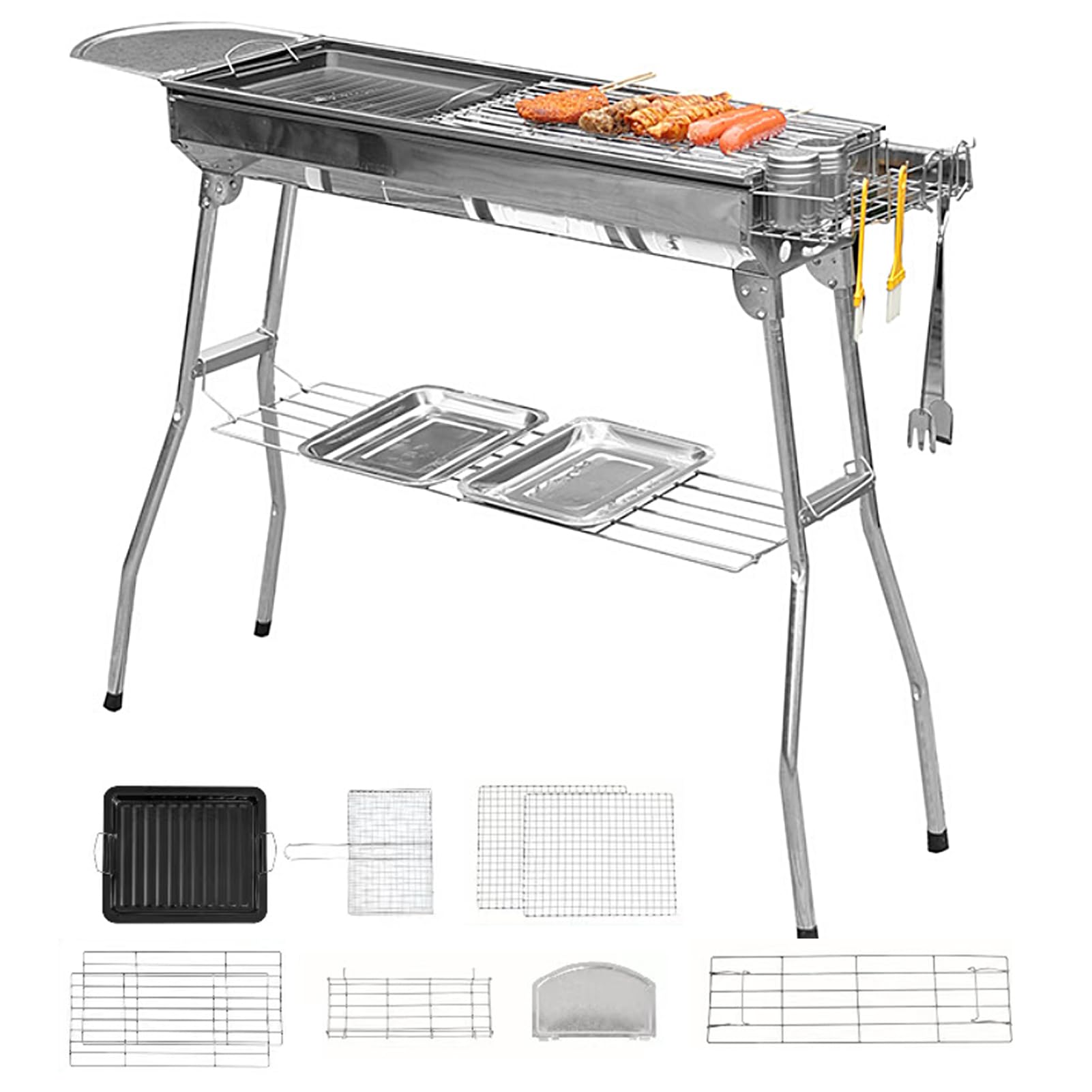 Beauenty Portable Foldable Barbecue Grill, Stainless Steel, Large Capacity, Heat-Resistant Handles, Easy to Clean, Ideal for Home, Camping, Outdoor Picnics (Set 1)