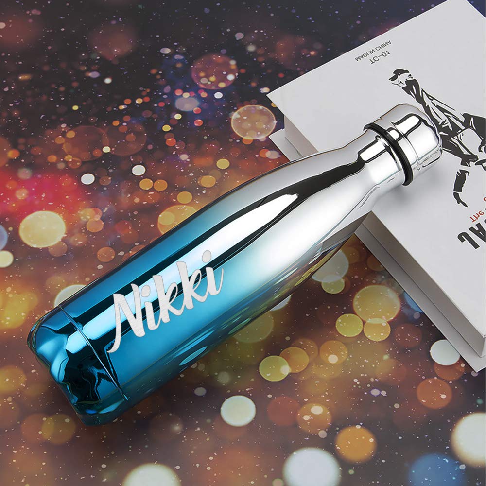Personalised Water Bottle for Women Men Kids, Custom Engraved Insulated Stainless Steel Flask, Water Bottles Double Walled 500ml, Keeps 12H Hot & Cold, Leakproof Bottle, Vaccum Flask (Silver to Blue)