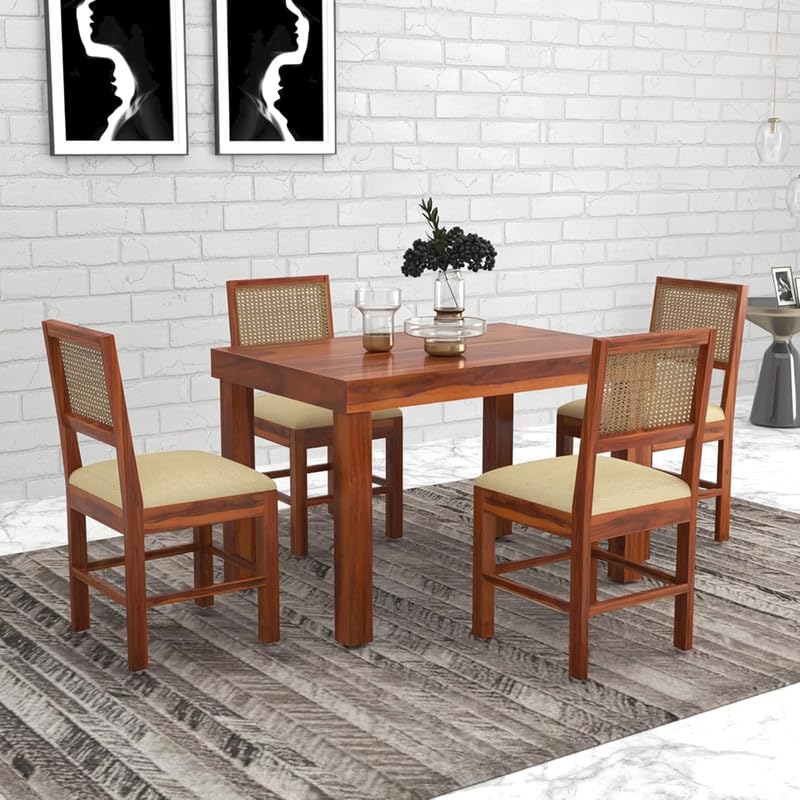 Image of Furniture Solid Sheesham Wood 4 Seater Dining Table Set with Cushioned Chairs | Wooden Four Seater Dinner Table Set for Living Room, Kitchen, Dining Area and Home (Honey Finish)