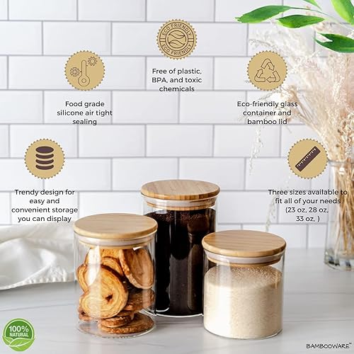 Miniatura 4 de Bambooware Contenedores de almacenamiento de vidrio con tapas, organización de cocina, organización de despensa, juego de 3 botes, tarros de vidrio
