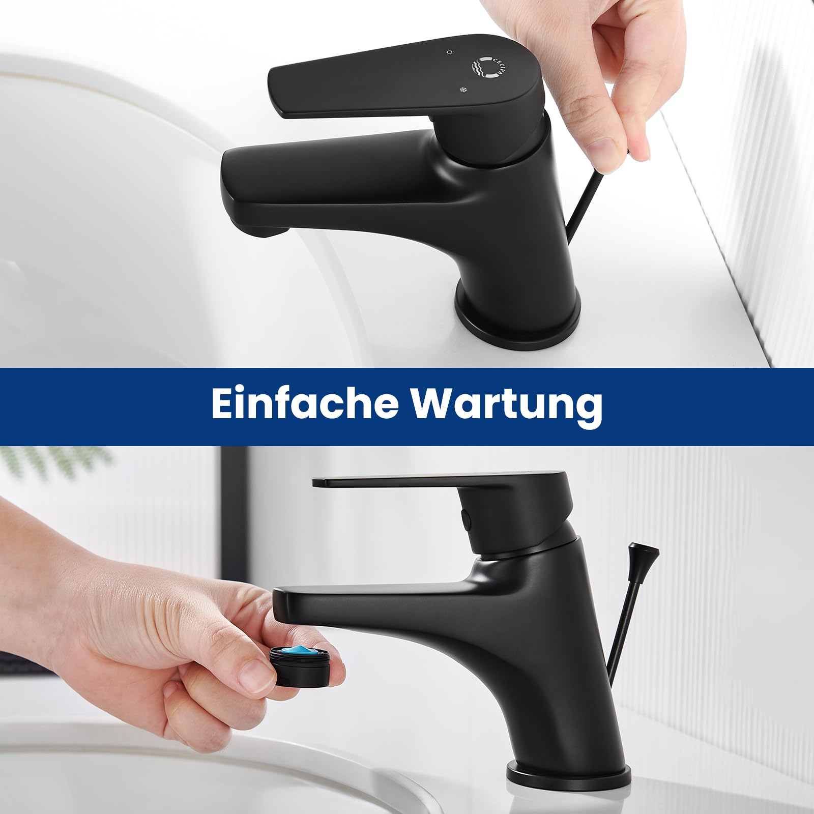 CECIPA Rubinetto da bagno nero, con tirante e scarico, miscelatore per lavabo, rubinetto da bagno con altezza di uscita 57 mm, in ottone