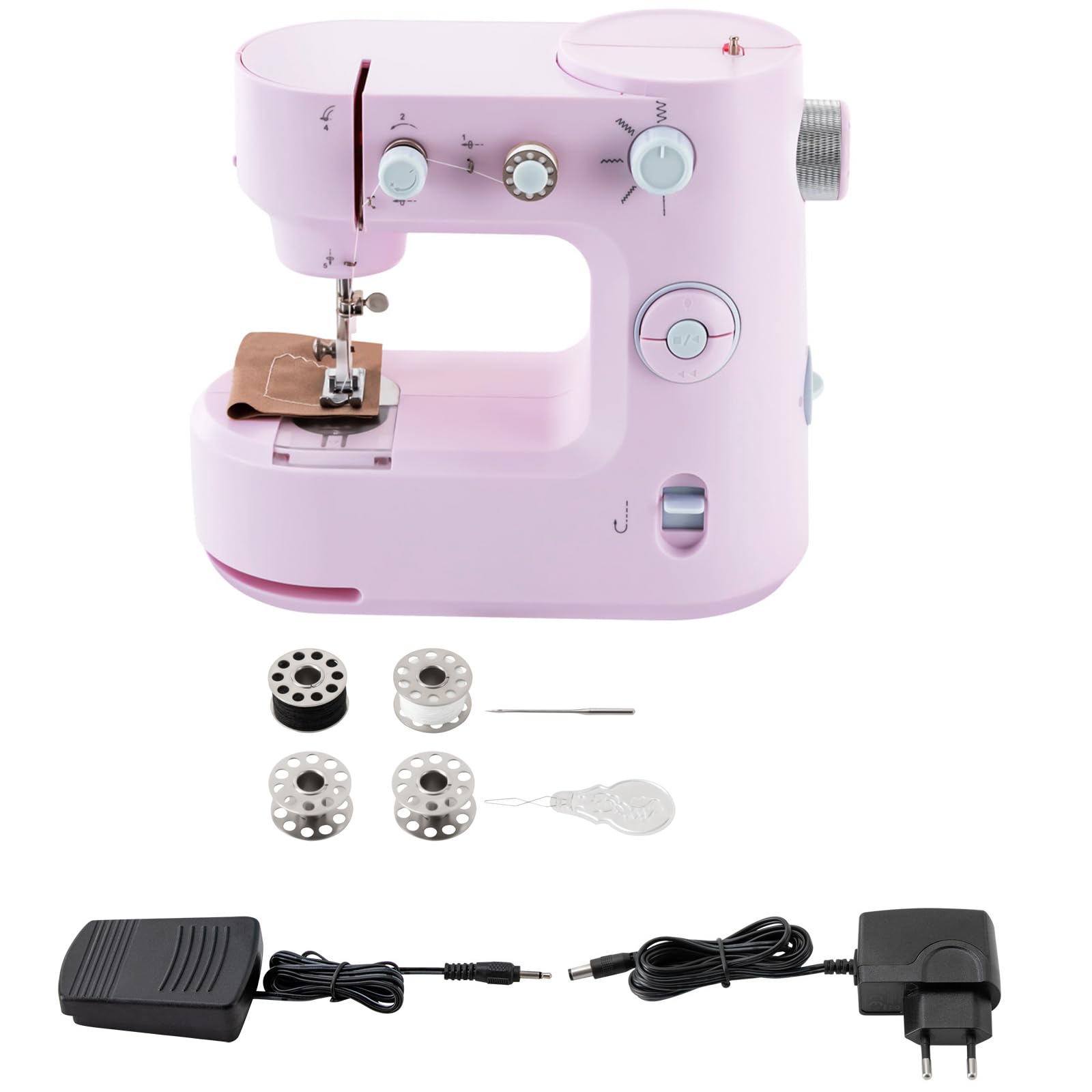 Nähmaschine, Nähmaschine Anfänger, Kindernähmaschine mit Fußpedal, 2 Betriebsarten, Zwei-Wege-Nähen, 2 Geschwindigkeiten, Mini Nähmaschine mit LED-Licht, Automatische Drahtschneidefunktion (Rosa)