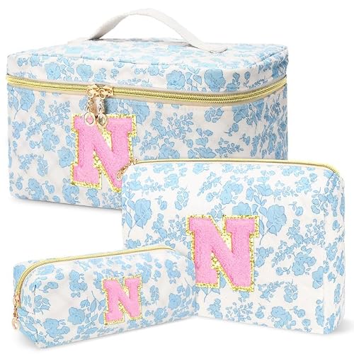3 PCS Travel Makeup Bag Set, A–Z Initials Cotton Quilted Cosmetic Bag for Women & Preppy, Personalized Toiletry Bag Travel Accessories Makeup Brushes Organizer, Birthday Gift for Her (N, Blue flower1)