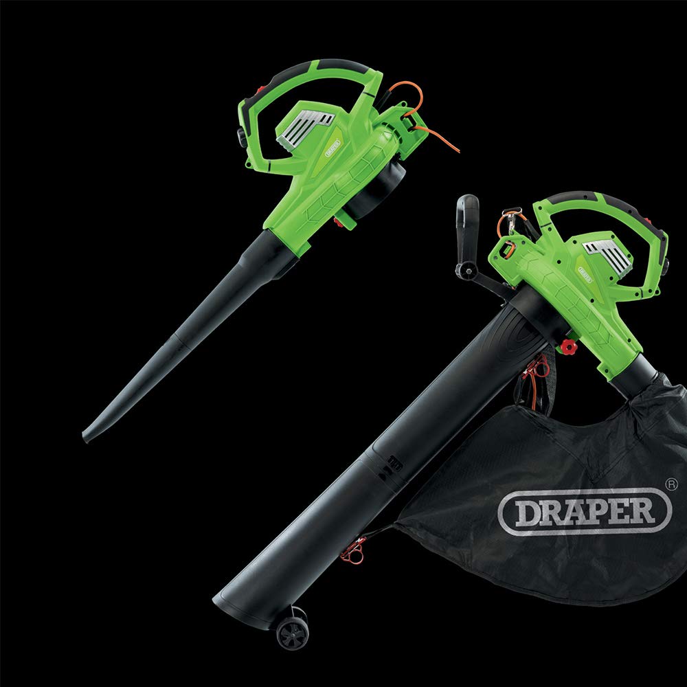 Draper 3-in-1 3200W Elektrischer Laubbläser 230V | 45L Fangsack Gartensauger | 15:01 Mulcher/Aktenvernichter | 260km/h Luftgeschwindigkeitsgebläse | Gartenwerkzeug mit Variabler Geschwindigkeit | 10m