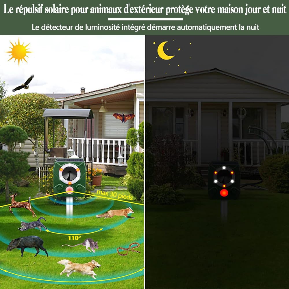 Solaire Ultrason Souris et Rats, Étanche Repulsif Souris et Rats Ultrason Puissant, Piège à Souris avec Lumière LED Contre Les Chats, Chiens et Divers Nuisibles Convient aux Jardins et Aux Cour