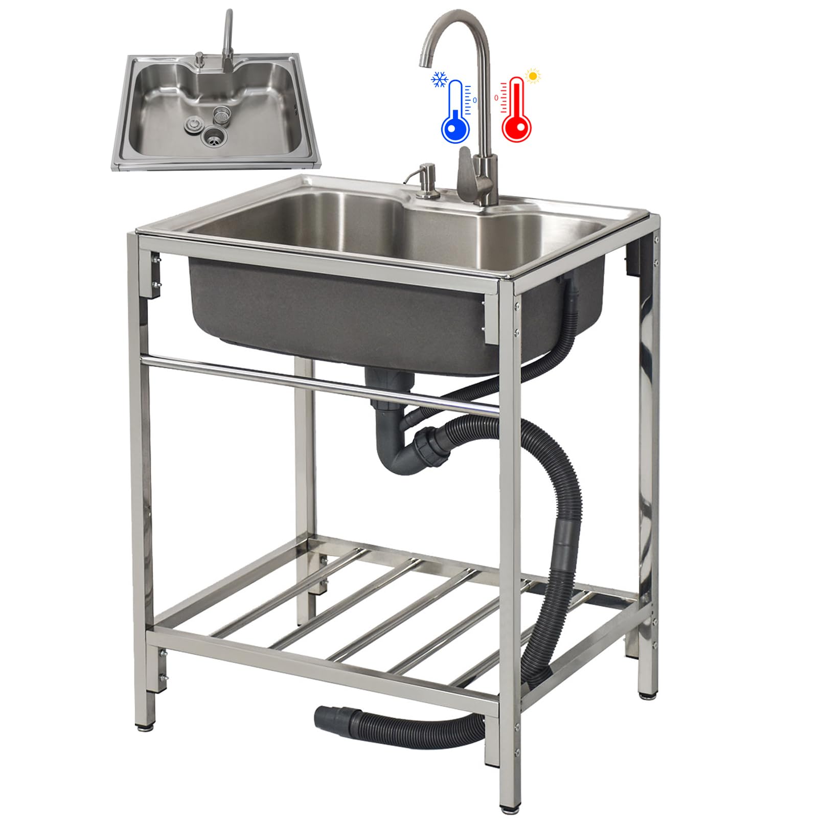 ZQFHSX Utility Sink Set Free Standing Outdoor Stainless Steel Commercial Kitchen with Tap Laundry Room for Backyard Garage 72cmx85cmx52cm