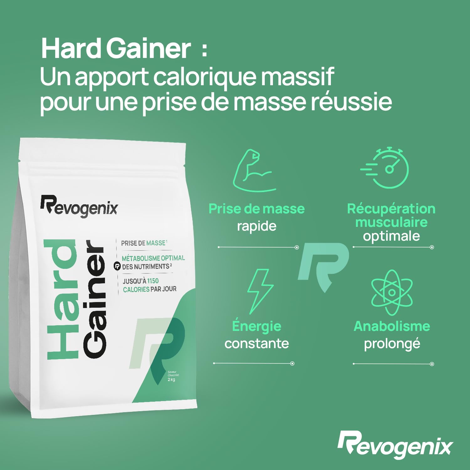 Hard Gainer | Caséine Micellaire & Maltodextrine | Prise de Masse Musculaire | Hypercalorique Glucides & Protéines | Chrome & Vitamine B | Mass Gainer Musculation | 2kg Saveur Chocolat | Revogenix