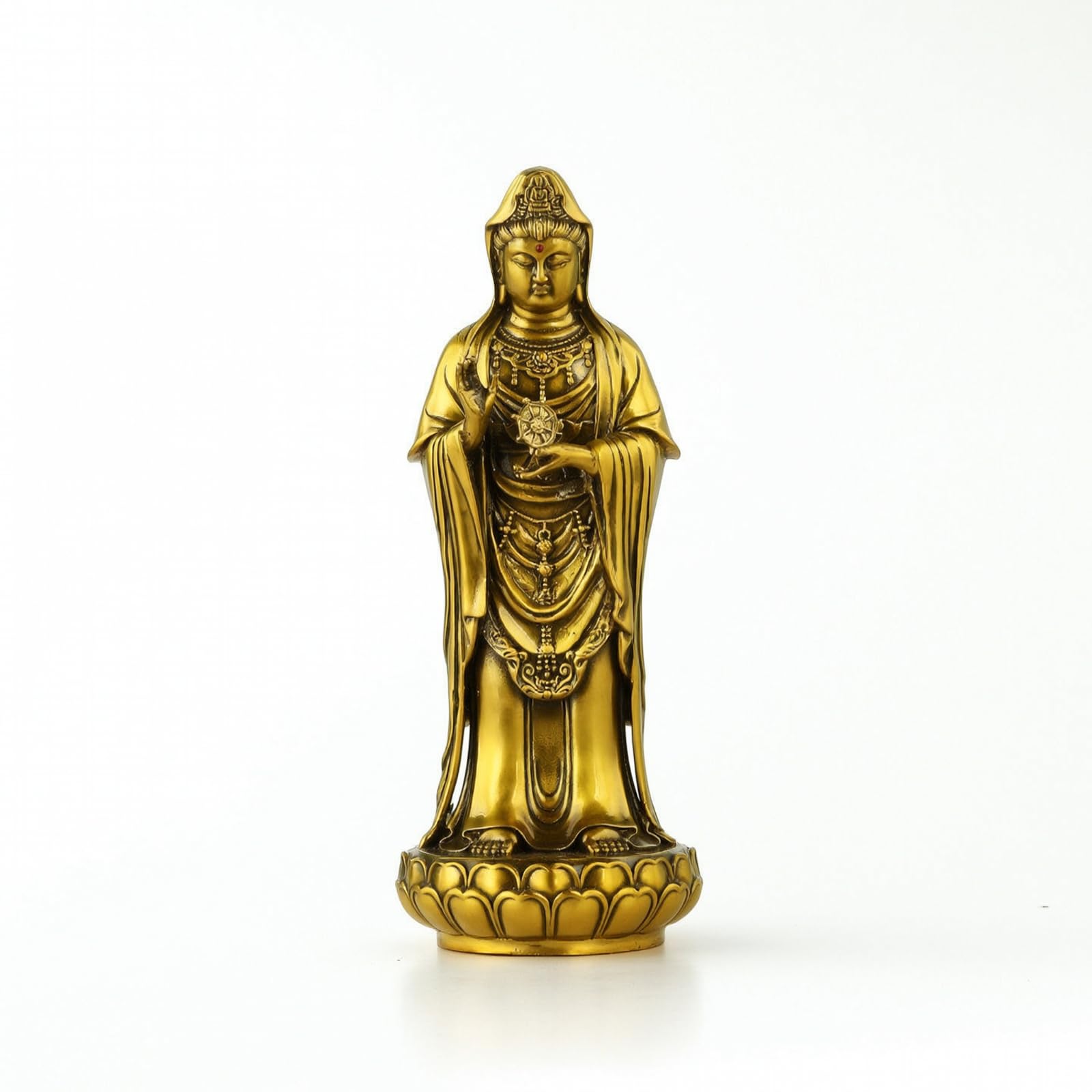 Estatua de Latón Figura Deidad Escultura Guanyin Imagen Buda Pulida con Pedestal Trabajado Adecuada para Altar Personal Oración Meditación Decoración Tradicional del Hogar, 28cm
