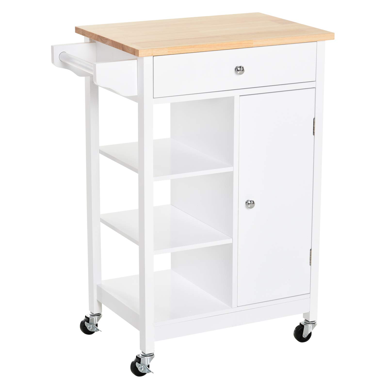 HOMCOM Carrito de Cocina Carro Auxiliar con Ruedas 1 Cajón 1 Armario 3 Estantes Abiertos de Almacenamiento para Comedor 66x39,5x86,5 cm Blanco