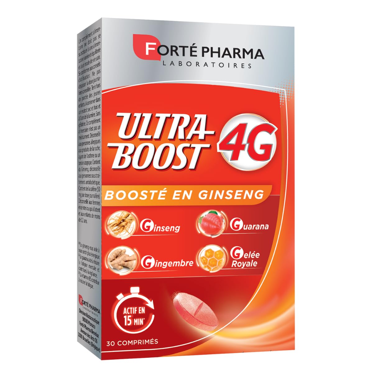 Forté Pharma - Ultra Boost 4G | Booster d'Energie - Anti-​Fatigue | Giseng - Guarana - Gelée Royale - Gingembre | Complément Alimentaire à base de Caféine et Acérola | 30 comprimés