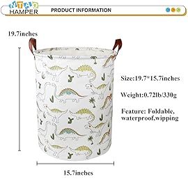 NTAOHAMPER Dinosaur Laundry Hamper, laundry Basket, Waterproof Storage Bin for Bedroom, Clothes Organizer Basket, Room Decor(Light Dinosaur)