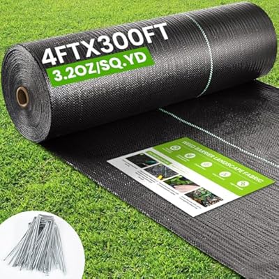 Rintea 4FTX300FT Weed Barrier Fabric, 3.2oz Landscape Fabric, Durable Weed Barrier Fabric Heavy Duty with 20 U-Shaped Securing Pegs for Landscaping Weed Blocker Garden Bed Cover, Commercial Driveway