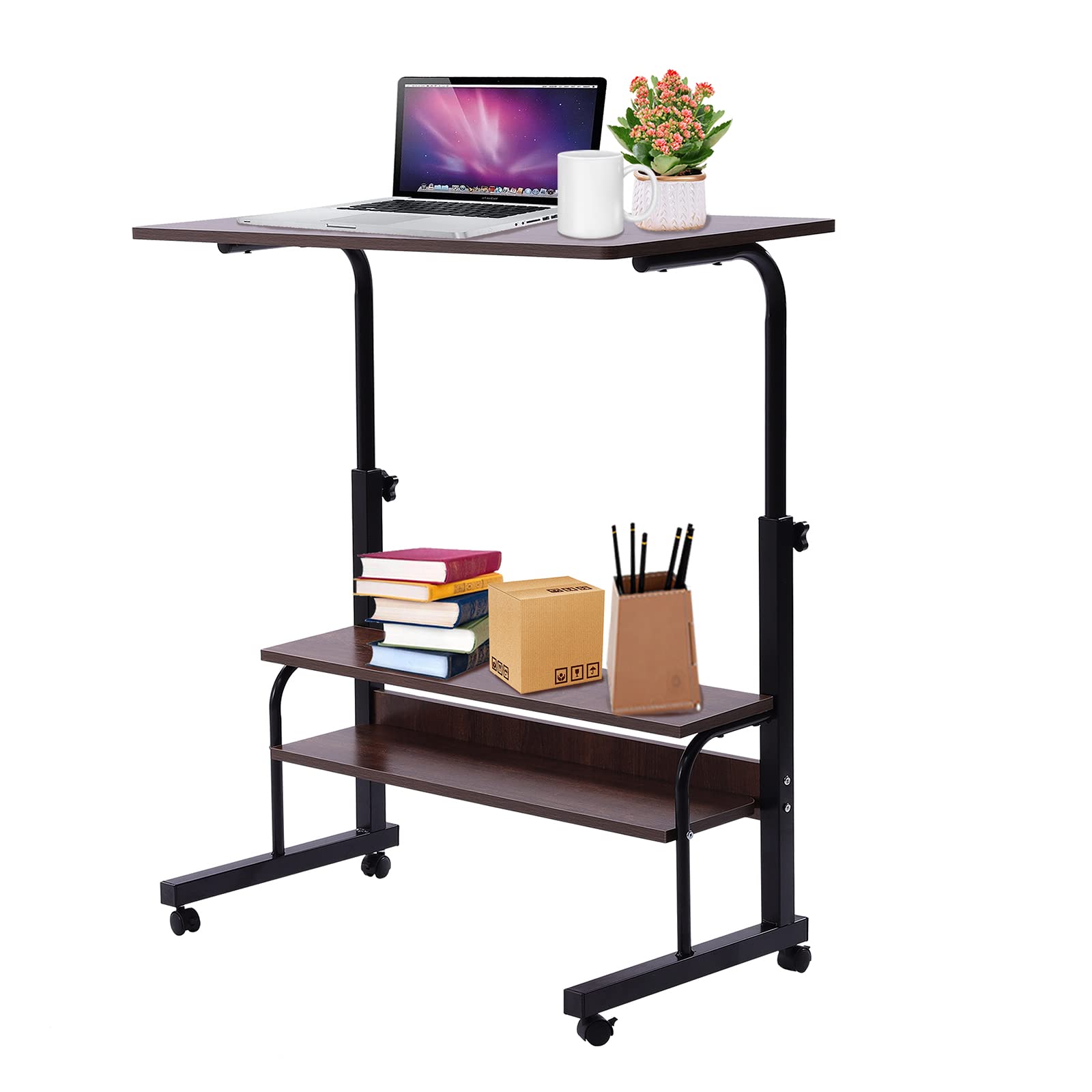 Mobile Laptop Desk, Height Angle Adjustable, Portable Rolling Desk Laptop Cart with 2 Knobs, 31.5x15.7in Double Layered Tray Table Ergonomic Mobile Desk