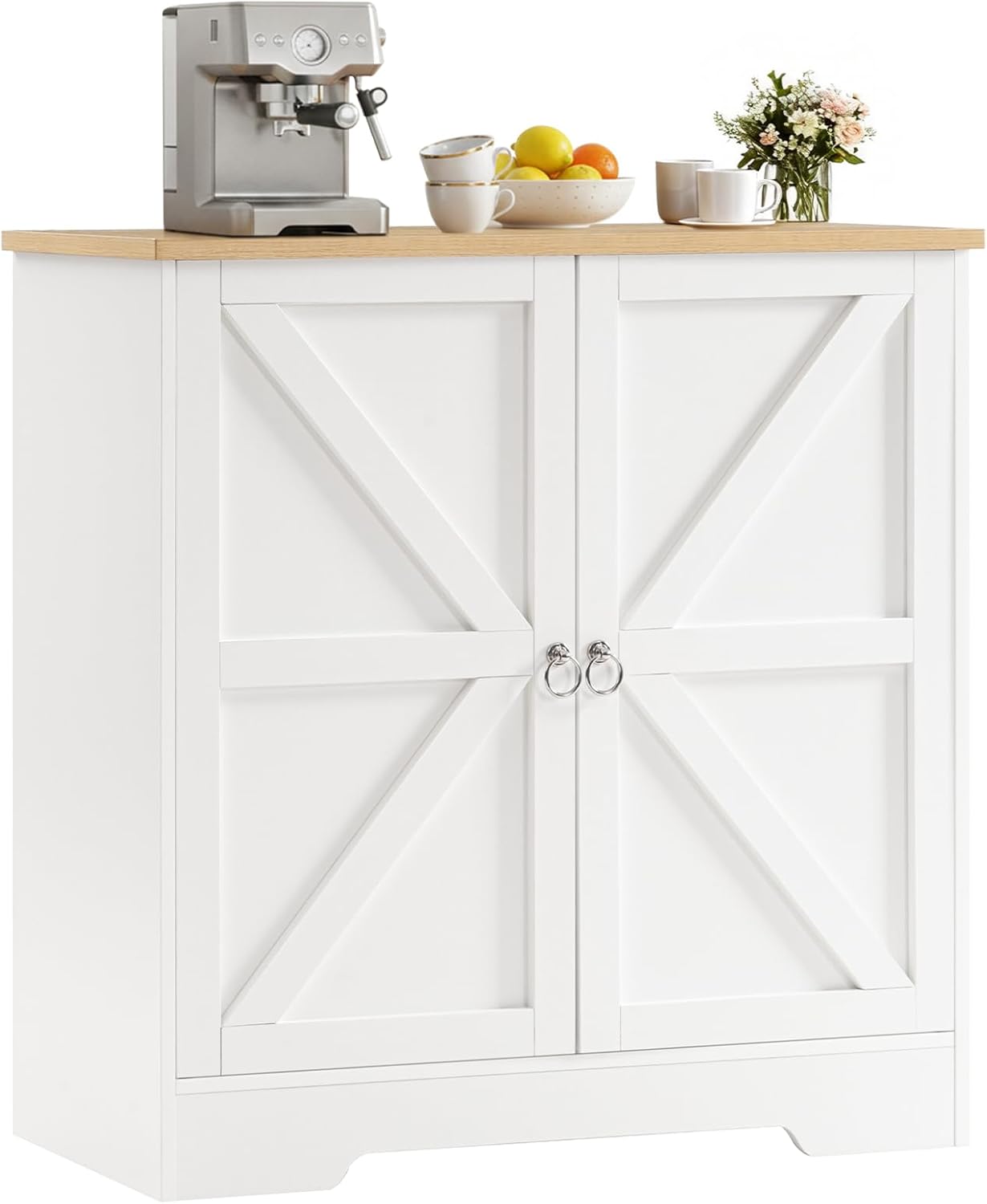 Buffet Cabinet with Storage, 32” Farmhouse Sideboard with Adjustable Shelves, Kitchen Storage Cabinet, Coffee Bar Station, for Kitchen, Living Room, White and Natural BUBN8001