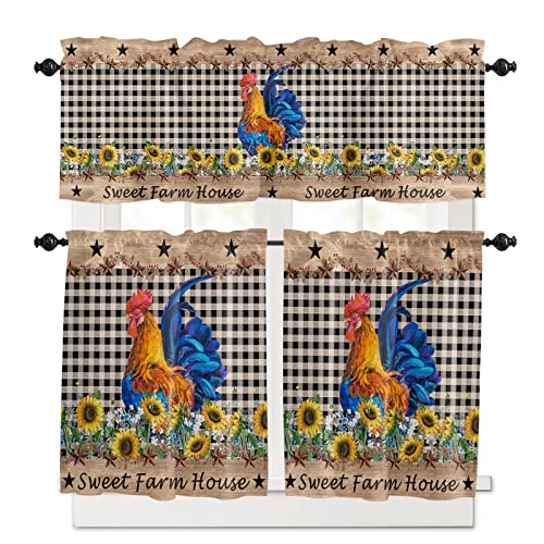 Libaoge Kitchen Curtain Valance And Tiers Set,Farm Rooster Sunflower Black Buffalo Plaid 3 Pieces Semi Sheer Window Treatment Small Window Curtains Set For Bathroom,Bedroom,54Wx18L In+27.5Wx36L In*2 #TOP1