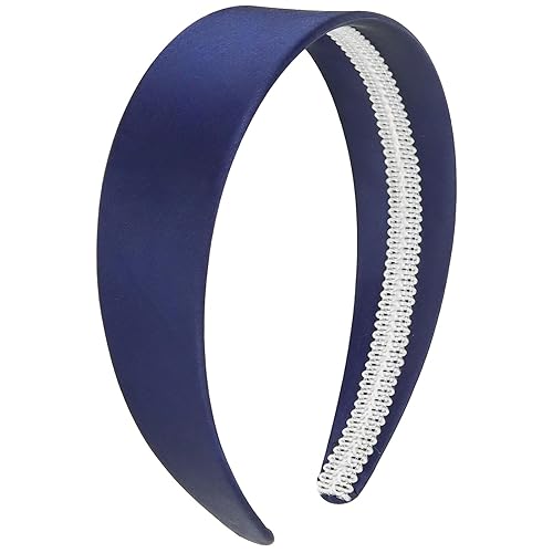 Wecoe Diadema de satén para mujer de 1.6 pulgadas de ancho, diadema de seda azul marino, antideslizante, a la moda, banda lisa para el cabello,
