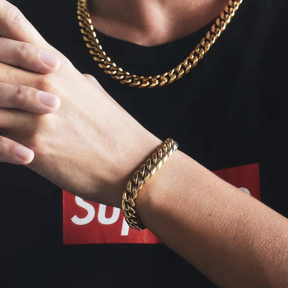 Mens Heavy Miami Cuban Link Chain Choker 14k Gold Plated Hip Hop Thick Stainless Steel 8mm-16mm Necklace/Bracelet