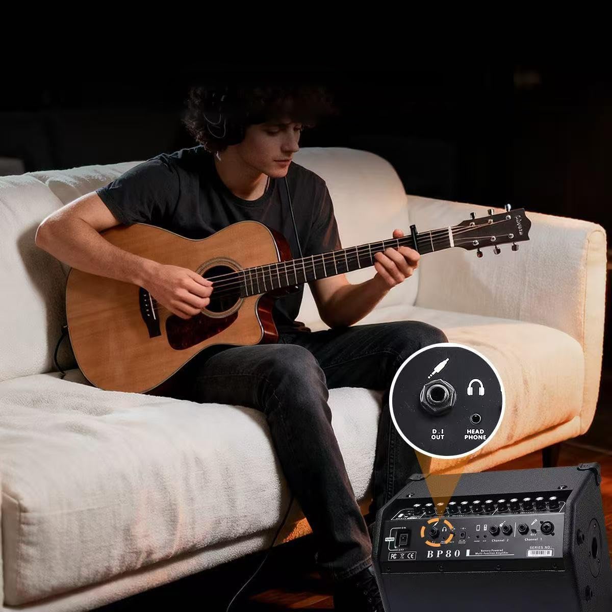Coolmusic BP80 Amplificatore per chitarra acustica a batteria - Altoparlante Bluetooth portatile da 100 W, 6 ingressi, 3 bande EQ, nero