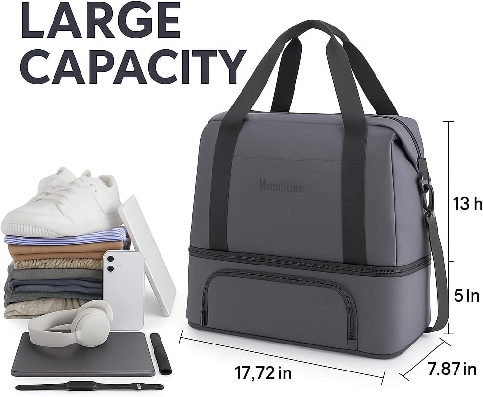 Foldie Travel Bag Expandable, Gym Bag with Shoe Compartment, Workout Bags for Gym with Straps Personal Item Travel Bag for Weekender Overnight, Duffel Bags for Traveling(Gray)