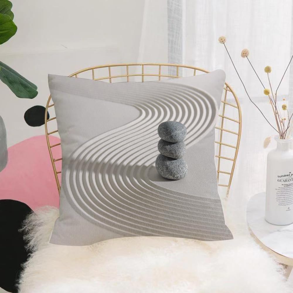 HYOSXW Cushion Cover,Throw Pillow Case Home Decorative for Living Room Bedroom Sofa Chair 16X16 Inch,Japanese Zen Garden with Stacked Stones in Raked Sand,Pillowcase 40X40cm
