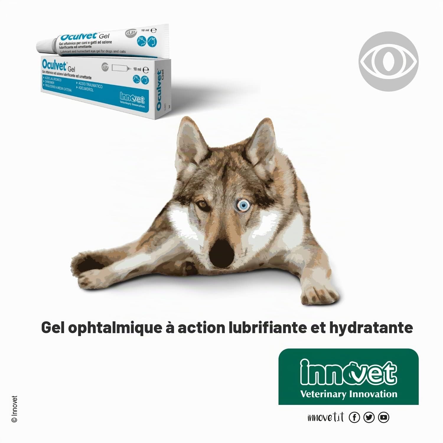 Innovet Oculvet Gel ophtalmique | Effet lubrifiant et hydratant | Chiens et chats | Protection de la surface des yeux dans toutes les conditions de changements du film lacrymal | 10 ml
