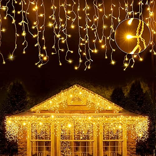 Gresonic 220/320/500LED Warm White Icicle Christmas Lights,Plug in Hanging Fairy Lights, 8 Modes Timer Curtain String Light for Bedroom Patio Yard Wedding Party Background Decoration