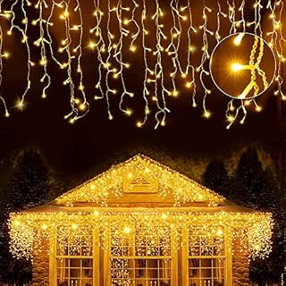 Gresonic 220/320/500LED Warm White Icicle Christmas Lights,Plug in Hanging Fairy Lights, 8 Modes Timer Curtain String Light for Bedroom Patio Yard Wedding Party Background Decoration