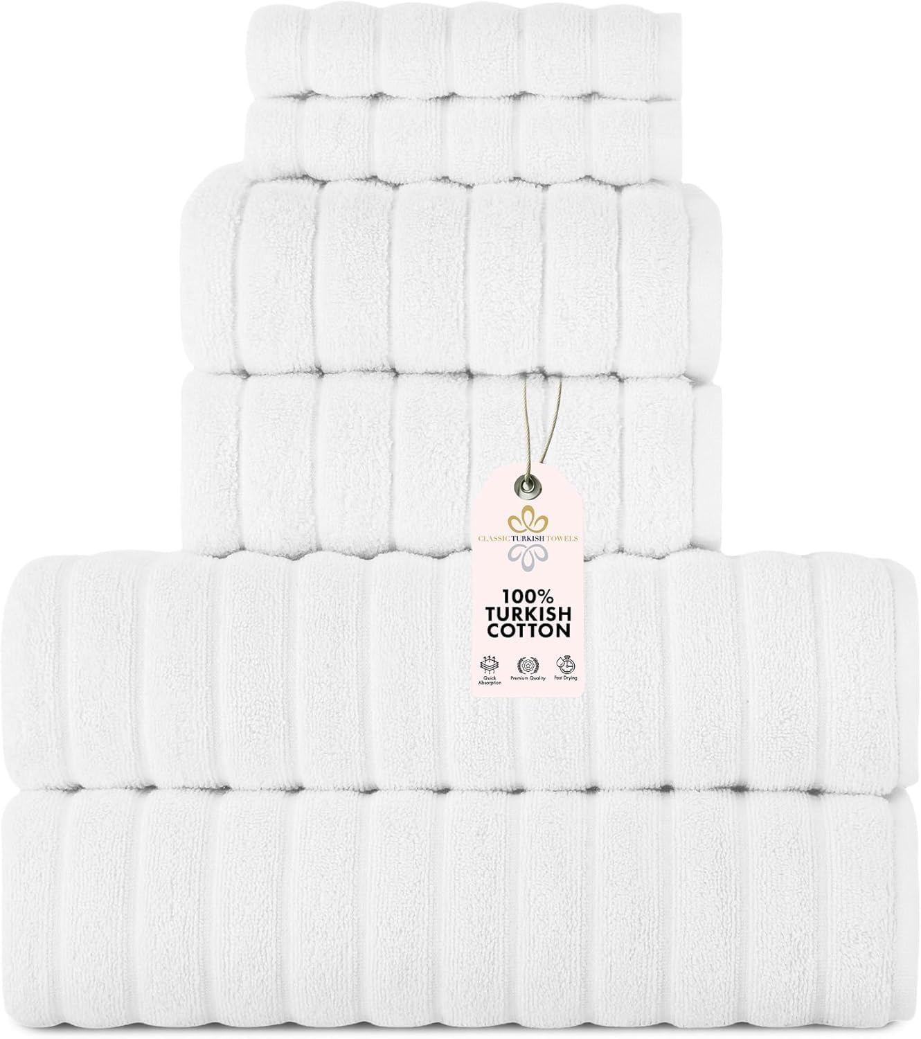 CTT Luxury 6 Piece Towel Set, 100% Turkish Cotton, Quick Drying, Highly Absorbent & Comfy, Includes 2 Bath Towels, 2 Hand Towels & 2 Washcloths | (White)